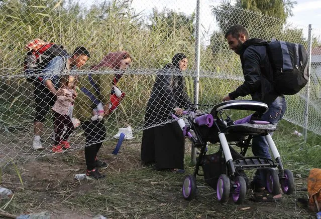 Migrants pass under highway security fence as they try to find a new way to enter Hungary after Hungarian police sealed the border with Serbia near the village of Horgos, Serbia, September 14, 2015. (Photo by Marko Djurica/Reuters)