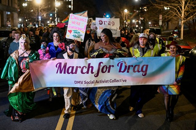 Drag artists and their supporters march to the Kennedy Center to protest against Trump administration changes at the Kennedy Center in Washington on March 9, 2025. (Photo by Craig Hudson/Reuters)