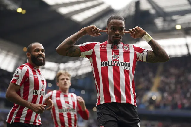 Brentford's Ivan Toney celebrates after scoring his side's first goal during the English Premier League soccer match between Manchester City and Brentford, at the Etihad stadium in Manchester, England, Saturday, November12, 2022. (Photo by Dave Thompson/AP Photo)