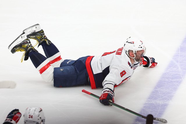 Alex Ovechkin #8 of the Washington Capitals celebrates after he scores his 895th career National Hockey League Goal during the second period of the game against the New York Islanders at UBS Arena on April 6, 2025. (Photo by Rich Graessle For The Washington Post)