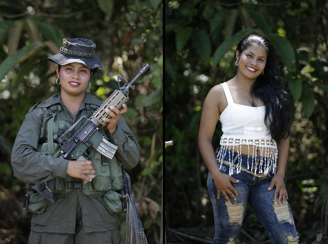 This August 16, 2016 photo shows two portraits of Johana, one of her holding a weapon while in uniform for the 32nd front of the Revolutionary Armed Forces of Colombia (FARC), and in civilian clothing at a guerrilla camp in the southern jungle of Putumayo, Colombia. Johana, 19, said she's spent six years in the FARC and would like to study nursing after demobilizing as part of a peace deal with Colombia's government. (Photo by Fernando Vergara/AP Photo)