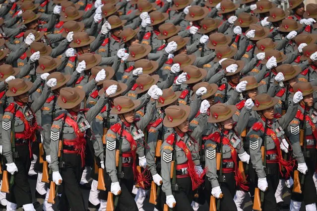 Indian soldiers march during the full dress rehearsal for the upcoming Republic Day parade, in New Delhi on January 23, 2023. (Photo by Money Sharma/AFP Photo)