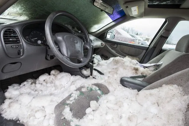 The inside of a car is pictured filled with snow, in a parking lot where authorities have left abandoned cars found from the freeway, that were abandoned during massive snow storm in Cheektowaga, New York, November 23, 2014. Warm temperatures and rain were forecast for the weekend in the city of Buffalo and western New York, bringing the threat of widespread flooding to the region bound for days by deep snow. (Photo by Mark Blinch/Reuters)