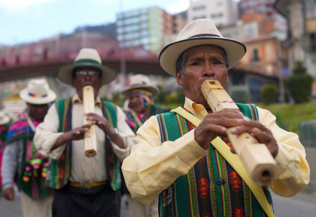 Aymara Indigenous musicians play during a ceremony in honor of the “Pachamama”, or Mother Earth, on Earth Day in La Paz, Bolivia, Monday, April 22, 2024. (Photo by Juan Karita/AP Photo)