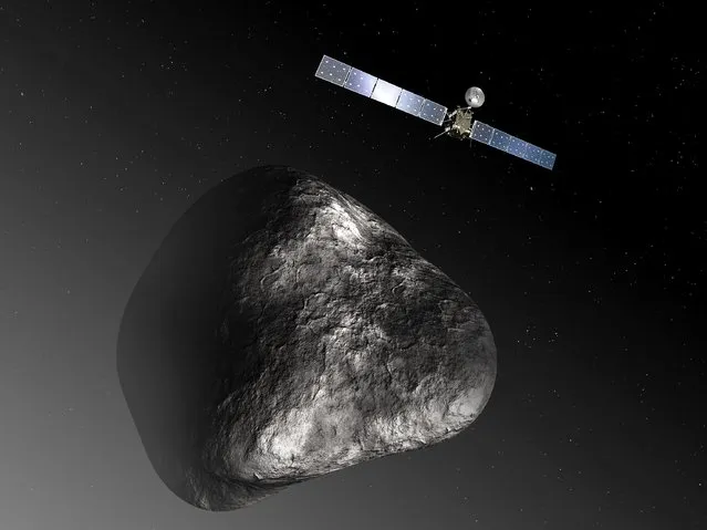 This handout file photo released by the European Space Agency (ESA) on December 3, 2012 shows an artist's impression of the Rosetta orbiter at comet 67P/Churyumov-Gerasimenko. The image is not to scale; the Rosetta spacecraft measures 32 m across including the solar arrays, while the comet nucleus is thought to be about 4 km wide. European spacecraft Rosetta will end its mission on September 30, 2016, after travelling almost seven billion kilometres (4.4 billion miles) to probe the secrets of comets, with help from a high-tech robot named Philae. The 1.4-billion-euro ($1.5-billion), 12-year odyssey will conclude with a last-gasp spurt of science-gathering as Rosetta departs the orbit of comet 67P/Churyumov-Gerasimenko and descends over 14 hours to her final resting place. (Photo by C. Carreau/AFP Photo/ESA)