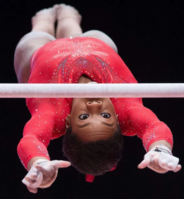 Simone Biles of the USA performs on the uneven bars during the Women's all-around finals on day seven at the 46th FIG Artistic Gymnastics World Championships where she won gold in Glasgow, Britain, 29 October 2015. (Photo by Andrew Cowie/EPA)