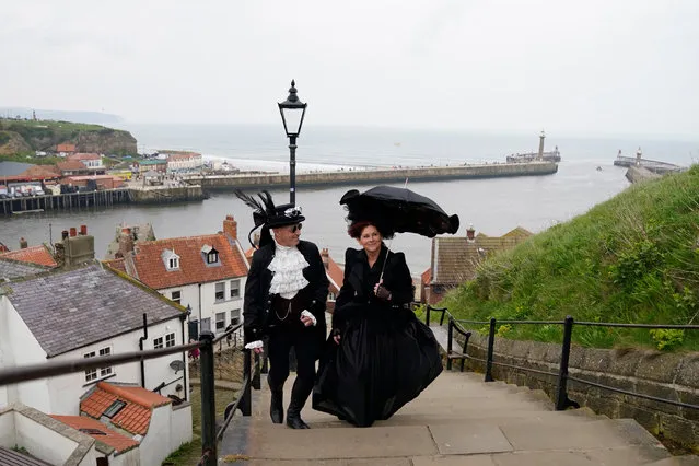 People attend the Whitby Goth Weekend in Whitby, Yorkshire on Sunday, April 30, 2023, as hundreds of goths descend on the seaside town where Bram Stoker found inspiration for “Dracula” after staying in the town in 1890.(Photo by Danny Lawson/PA Images via Getty Images)