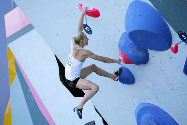 Janja Garnbret of Slovenia competes in the women's boulder and lead, boulder final, during the sport climbing competition at the 2024 Summer Olympics, Saturday, August 10, 2024, in Le Bourget, France. (Photo by Tsvangirayi Mukwazhi/AP Photo)
