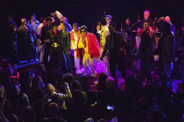 Contestants sing and dance together at the end of the 20th annual Seattle Invitationals, an amateur Elvis impersonator competition, in Seattle, Washington January 23, 2015. (Photo by David Ryder/Reuters)