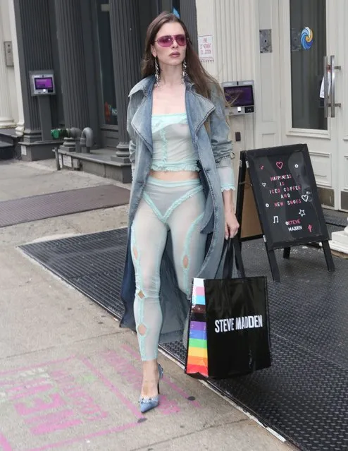 Italian-American actress and model Julia Fox in the second decade of June 2023 opts for a completely sheer look without a bra to shop at Steve Madden. (Photo by Richie Buxo/Rex Features/Shutterstock)