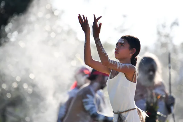 Koomurri dancers perform during the WugulOra Morning Ceremony on Australia Day 2023 celebrations at Walumil Lawns in Sydney on Thursday, January 26, 2023 (Photo by Bianca De Marchi/AAP Image)