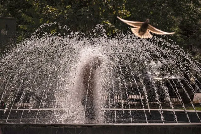 A man stands in a fountain in Bucharest, Romania, on a hot afternoon, Tuesday, July 25, 2023, as temperatures in the shade went above 40 degrees Celsius (104 Fahrenheit) in the Romanian capital. (Photo by Andreea Alexandru/AP Photo)