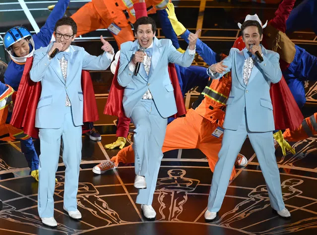 Akiva Schaffer, from left, Andy Samberg and Jorma Taccone of The Lonely Island perform at the Oscars on Sunday, February 22, 2015, at the Dolby Theatre in Los Angeles. (Photo by John Shearer/Invision/AP Photo)