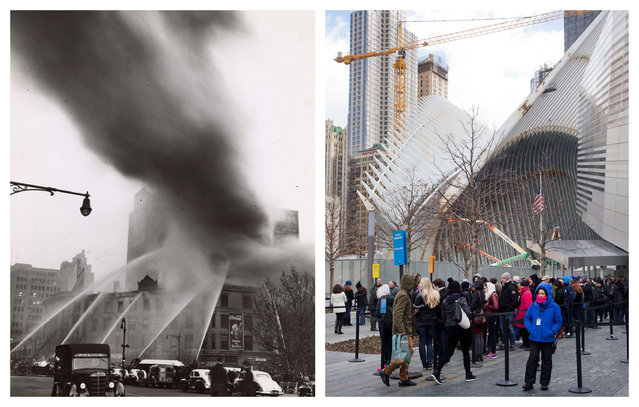 This is a combination of the 1946 photo “Fire in a loft building” by Weegee provided by the International Center of Photography showing a fire in a loft building at the intersection of Fulton and Greenwich Streets in New York, and the same vantage point on Wednesday, March 18, 2015, with people lining up for the September 11 Museum. In the background is the World Trade Center transportation hub under construction. (Photo by AP Photo/Copyright Weegee/The International Center of Photography, Mark Lennihan)