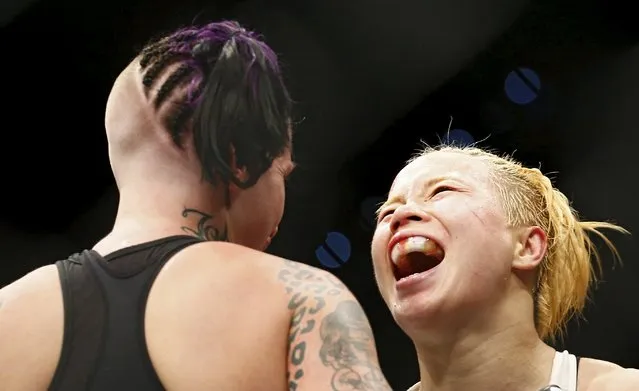 Mixed Martial Arts, Ultimate Fighting Championship (UFC) Fight Night, Lightweight Bout, Brisbane Entertainment Centre, Brisbane, Australia on March 20, 2016: Seohee Ham reacts during her bout with Bec Rawlings. (Photo by Jason O'Brien/Reuters)