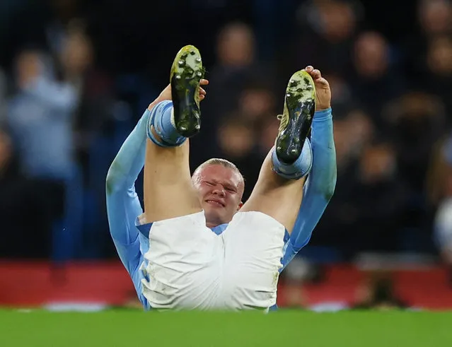 Manchester City's Norwegian striker #09 Erling Haaland reacts during the English FA Cup Quarter Final football match between Manchester City and Newcastle United at the Etihad Stadium in Manchester, north west England, on March 16, 2024. (Photo by Lee Smith/Action Images via Reuters)