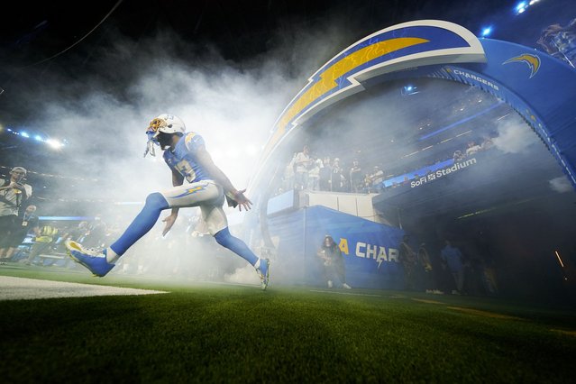 Los Angeles Chargers wide receiver Keenan Allen runs onto the field before an NFL football game against the Pittsburgh Steelers, Sunday, November 21, 2021, in Inglewood, Calif. (Photo by Ashley Landis/AP Photo)