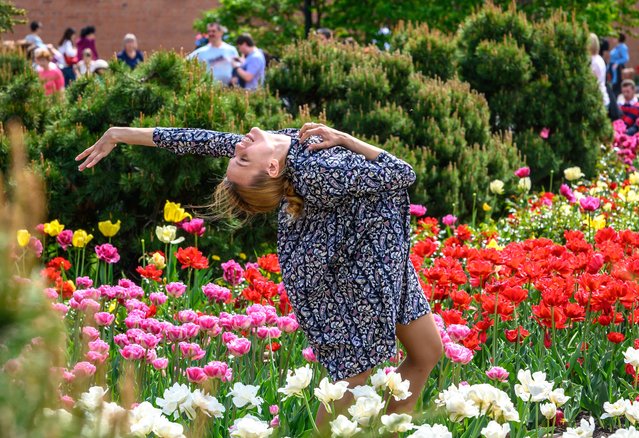 A young woman dances in a field of tulips in a park in central Moscow on May 10, 2019. Moscow enjoys a heatwave while the rest of Europe struggles with cold weather. (Photo by Mladen Antonov/AFP Photo)