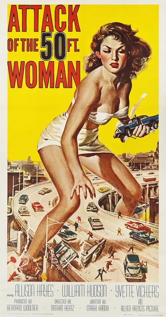 Attack of the 50 Foot Woman (Allied Artists, 1958). Three Sheet (41" X 81") with artwork by Reynold Brown. Estimate: $10,000 - $20,000. (Photo by Courtesy Heritage Auctions)