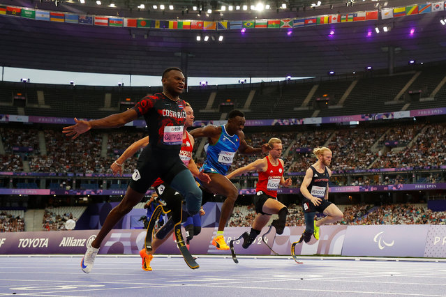 Sherman Isidro Guity Guity of Team Costa Rica crosses the finish line to win gold in the Men's 100m - T64 Final on day five of the Paris 2024 Summer Paralympic Games at Stade de France on September 02, 2024 in Paris, France. (Photo by Tom Jenkins/The Guardian)