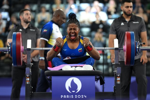 Clara Sarahy Fuentes Monasterio of Team Venezuela celebrates during the Women's Up to 50kg Final on day eight of the Paris 2024 Summer Paralympic Games at Porte de La Chapelle Arena on September 05, 2024 in Paris, France. (Photo by David Ramos/Getty Images)