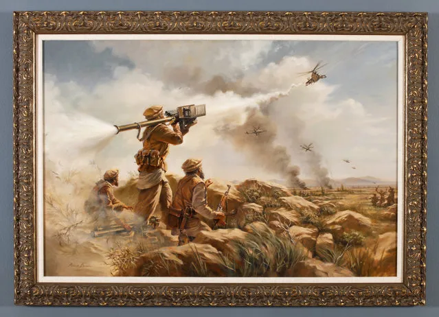 Stuart Brown, 2008, Oil on Canvas, Donated Courtesy of Richard J. Guggenhime and Donald Elster. First Sting depicts the turning point in the Afghan war with the first of many shoot-downs of Soviet helicopter gunships by Mujahedin fighters armed with Stinger missiles. (Photo by Central Intelligence Agency)