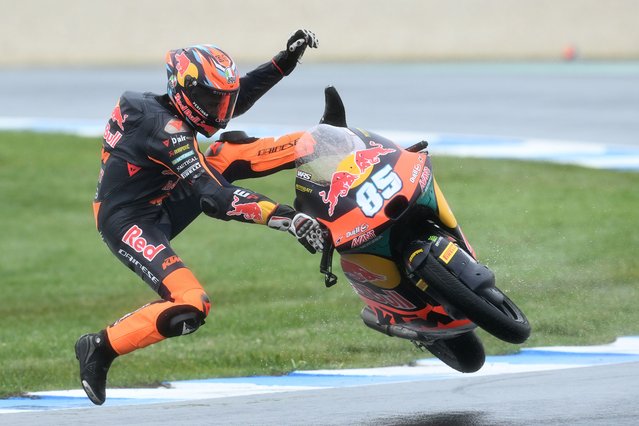 Xabi Zurutuza of Spain for Red Bull KTM Ajo crashes during Moto3 Free Practice Three as part of the Australian Motorcycle Grand Prix at the Phillip Island Grand Prix Circuit in Phillip Island, Australia, 19 October 2024. (Photo by Joel Carrett/EPA)