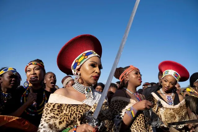 Princesses await the arrival of the Zulu monarch, King Misuzulu ka Zwelithini (not pictured) ahead of a traditional ceremony, part of the King's coronation celebrations, in Nongoma, South Africa on August 20, 2022. (Photo by Reuters/Stringer)