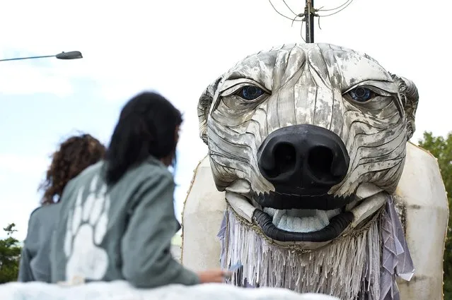 A general view of the giant polar bear puppet outside the Shell Building on September 2, 2015 in London, England. (Photo by Ben Pruchnie/Getty Images)