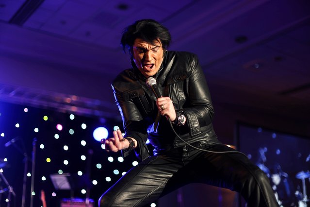 Contestant Brian Troy performs at the European Elvis Championships 2025 in Birmingham, Britain, 03 January 2025 (issued 04 January 2025). Tribute artists are competing in 24 acts, portraying different Elvis 'eras', for the title of Europe's best Elvis Presley tribute at the championship held near the US musician's birthday. The competition takes place from 03 to 05 January 2025 at the Birmingham Hilton Metropole. Elvis Presley would have been 90 years old on 08 January 2025. (Photo by Neil Hall/EPA/EFE)