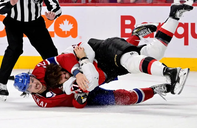 Montreal Canadiens defenseman Arber Xhekaj (72) fights with Ottawa Senators forward Mark Kastelic (47) during the first period at the Bell Centre in Montreal, Quebec on October 4, 2022. (Photo by Eric Bolte/USA TODAY Sports)