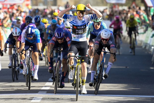 Team Visma-Lease a bike's Matthew Brennan celebrates as he crosses the finish line to win the 5th stage of the 2025 Volta a Catalunya cycling tour of Catalonia, a 172 km race between Pauls and Amposta, on March 28, 2025. (Photo by Josep Lago/AFP Photo)