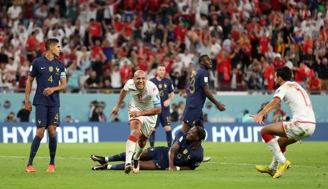 Wahbi Khazri of Tunisia celebrates after scoring their team's first goal during the FIFA World Cup Qatar 2022 Group D match between Tunisia and France at Education City Stadium on November 30, 2022 in Al Rayyan, Qatar. (Photo by Carl Recine/Reuters)