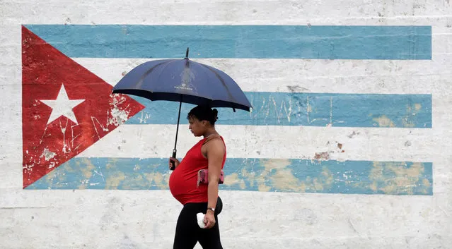 A pregnant woman walks in front of a graffiti of a Cuban flag during rain in Havana, Cuba, August 30, 2016. (Photo by Enrique de la Osa/Reuters)