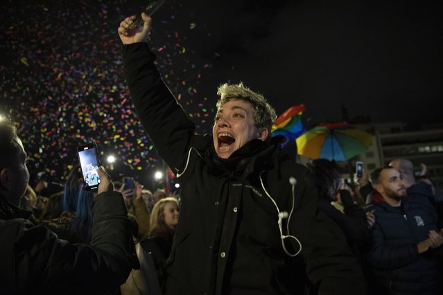 A supporter of the same-s*x marriage bill, reacts during a rally at central Syntagma Square, in Athens, Greece, Thursday, February 15, 2024. Greece's lawmakers approved a bill that allows same-s*x marriage, making the country the first Orthodox Christian to do so. (Photo by Michael Varaklas/AP Photo)