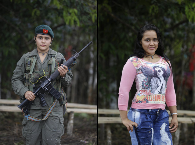 This August 15, 2016 photo shows two portraits Sofia, one of her holding a weapon while in uniform for the Revolutionary Armed Forces of Colombia (FARC) 49th front, and in civilian clothing at a guerrilla camp in the southern jungle of Putumayo, Colombia. Sofia, 19, said she's spent six years with the FARC, and would like to study law after demobilizing as part of a peace deal with Colombia's government. (Photo by Fernando Vergara/AP Photo)