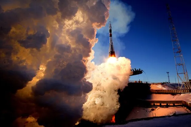 The Russian Soyuz booster rocket FG with Soyuz MS-07 spacecraft lifts off from the launch pad at Baikonur Cosmodrome in Kazakhstan, 17 December 2017, carrying the expedition 54/55 crew members, Roscosmos cosmonaut Anton Shkaplerov, NASA astronaut Scott Tingle and Norishige Kanai of the Japan Aerospace Exploration Agency (JAXA), to the International Space Station (ISS). (Photo by Maxim Shipenkov/EPA/EFE/Rex Features/Shutterstock)