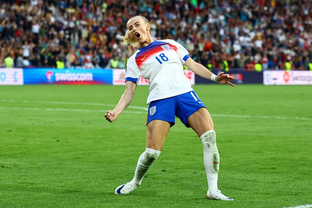 Chloe Kelly of England reacts after victory in the UEFA Women's EURO 2025 Final match between England and Spain following a penalty shoot out at St. Jakob-Park on July 27, 2025 in Basel, Switzerland. (Photo by Michael Zemanek/Rex Features/Shutterstock)