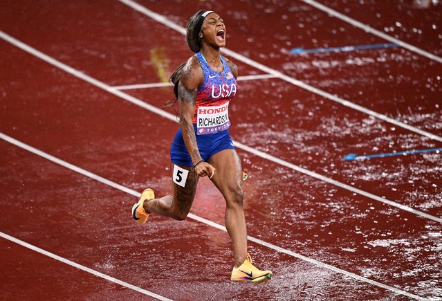 Sha'Carri Richardson of the U.S. celebrates after crossing the finish line to win the Women's 4 x 100m Relay Final at the World Athletics Championships in Tokyo, Japan, on September 21, 2025. (Photo by Dylan Martinez/Reuters)