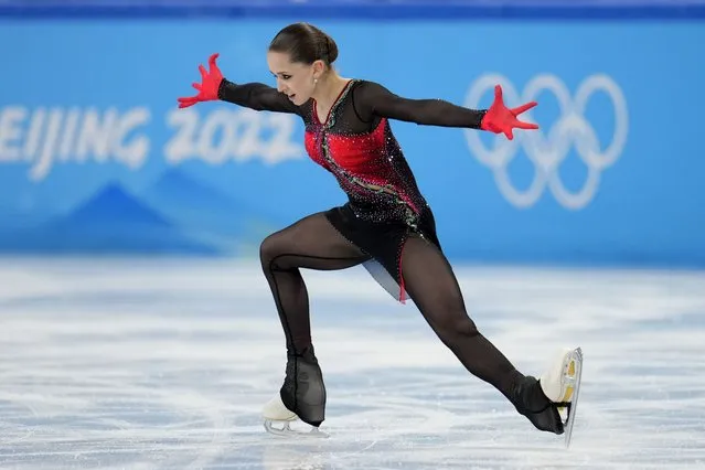 Kamila Valieva, of the Russian Olympic Committee, competes in the women's team free skate program during the figure skating competition at the 2022 Winter Olympics, Monday, February 7, 2022, in Beijing. (Photo by Natacha Pisarenko/AP Photo)