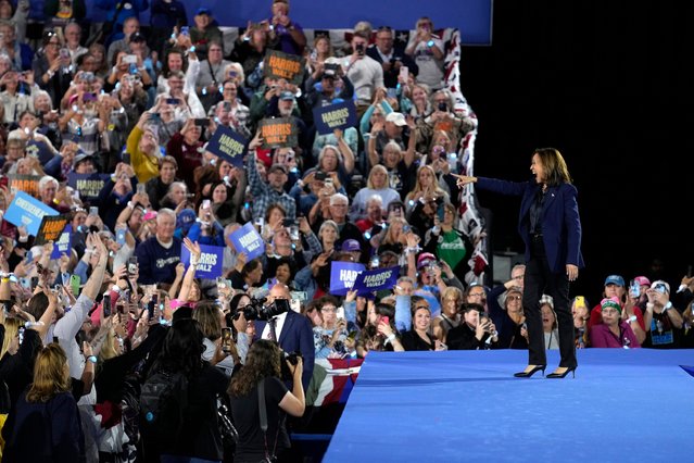Democratic presidential nominee Vice President Kamala Harris departs after speaking at a campaign rally at the Resch Expo in Green Bay, Wis., Thursday, October 17, 2024. (Photo by Susan Walsh/AP Photo)