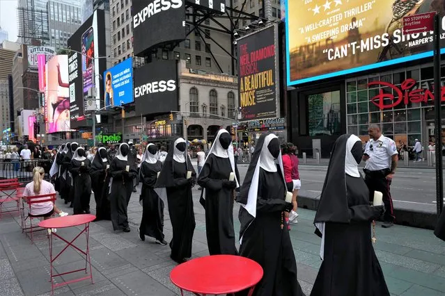 Nuns visit Times Square to promote “THE NUN 2” during the #ISawANun tour in New York on August 28, 2023 in New York City. (Photo by Bennett Raglin/Getty Images for Warner Bros.)
