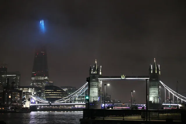 The Shard in London, United Kingdom on January 7, 2021 which has been lit up blue in a renewed gesture of thanks to the NHS and frontline workers. (Photo by Yui Mok/PA Images via Getty Images)