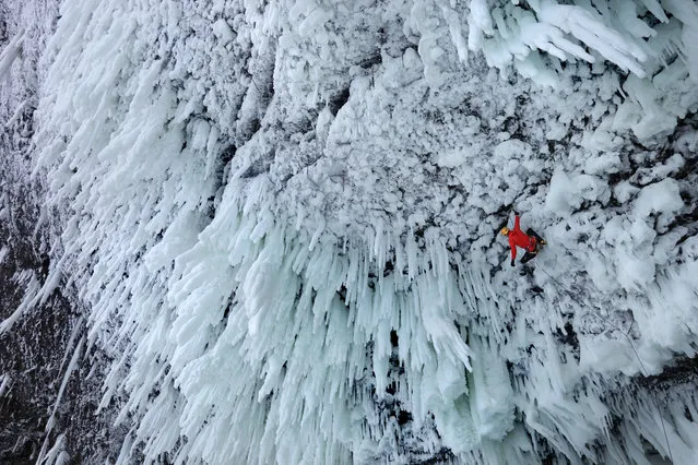 Climbers hang upside down as they climb a giant frozen waterfall. The towering Helmcken Falls in British Columbia, Canada has been dubbed the world's hardest climb and stand at 450ft tall. But despite freezing ice spray, Brit climber Tim Emmett, Raphael Slawinski, from Canada, and Klemen Premrl, from Slovenia, conquered the notorious ice climb. (Photo by Wiktor Skupinski/Barcroft Media)