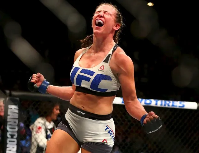 March 5, 2016; Las Vegas, NV, USA; Miesha Tate celebrates her victory by submission against Holly Holm during UFC 196 at MGM Grand Garden Arena. (Photo by Mark J. Rebilas/Reuters/USA Today Sports)