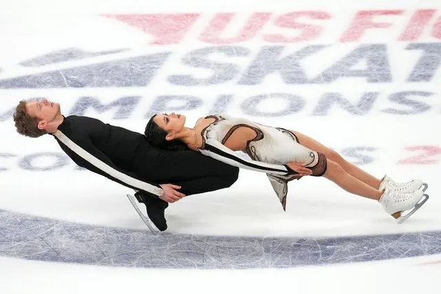 Madison Chock and Evan Bates compete in championship ice dance at the U.S. figure skating championships Saturday, January 27, 2024, in Columbus, Ohio. (Photo by Sue Ogrocki/AP Photo)