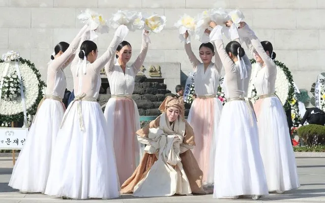 A dance troupe performs in memory of the Jeju April 3 incident victims ahead of a ceremony to mark its anniversary at a memorial park in Jeju, South Korea, 03 April 2019. The incident refers to a series of pro-communist uprisings and a counterinsurgency that occurred between 1948 and 1954 on Jeju Island. (Photo by EPA/EFE/Yonhap)