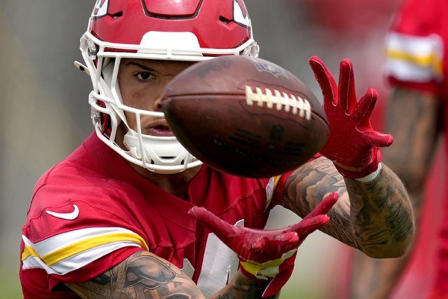 Kansas City Chiefs wide receiver Skyy Moore catches a pass during the NFL football team's organized team activities Wednesday, May 22, 2024, in Kansas City, Mo. (Photo by Charlie Riedel/AP Photo)