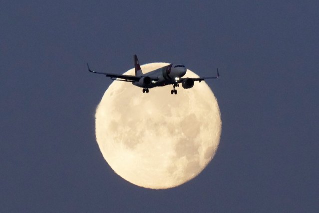 A TAP Air Portugal Airbus A320 is silhouetted against the setting moon while approaching for landing in Lisbon at sunrise, Sunday, June 23, 2024. (Photo by Armando Franca/AP Photo)