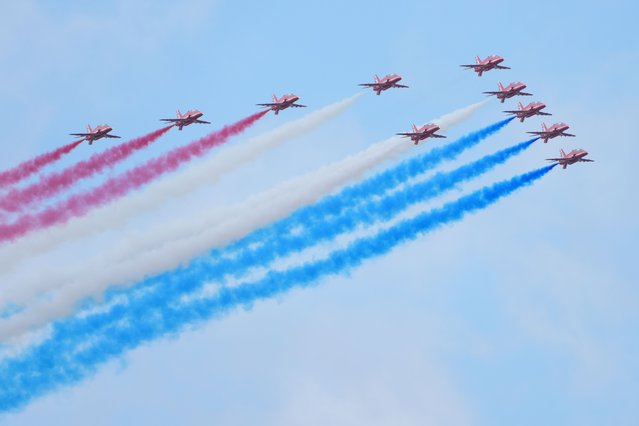 The Red Arrows display team perform a fly past over the Farnborough International Airshow in Hampshire, UK on Monday, July 22, 2024. (Photo by Jonathan Brady/PA Images via Getty Images)